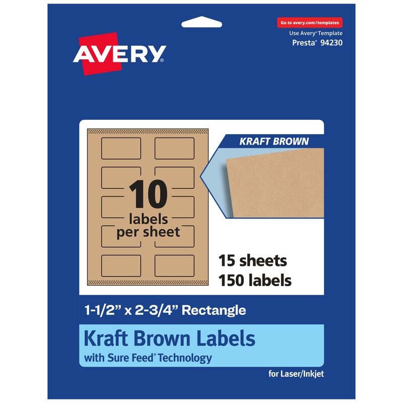 Avery Kraft Brown Rectangle Labels, Sure Feed Technology, 1.5" x 2.75", 150 Kraft Brown Labels, Print-to-The-Edge, Laser/Inkjet Printable 150 labels