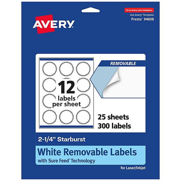 AVERY Matte White Removable Starburst Labels, 2.25 in, Sure Feed Technology, Print-to-the-Edge, Laser/Inkjet Printable