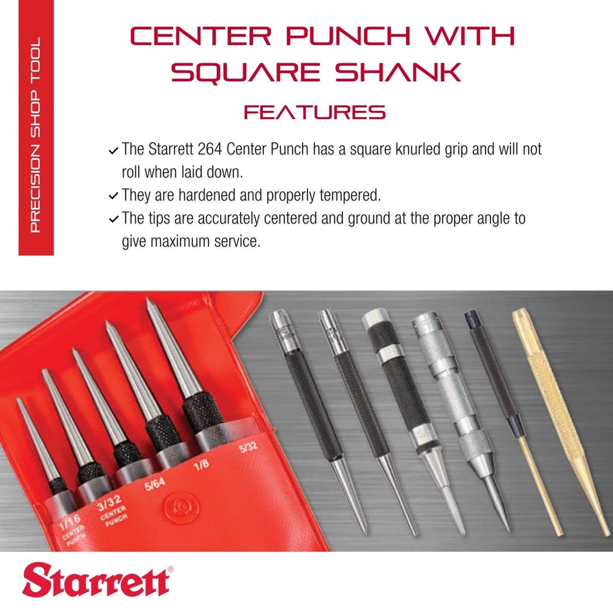 Starrett Steel Center Punch with Square Shank and Knurled Finger Grip - Hardened and Tempered, 5" Length