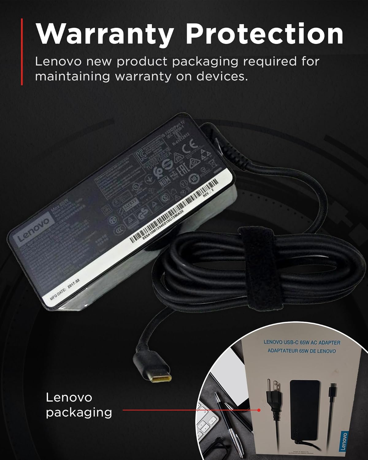 Lenovo USB Type-C 65W AC Adapter, 5.9ft, Black, GX20P92530