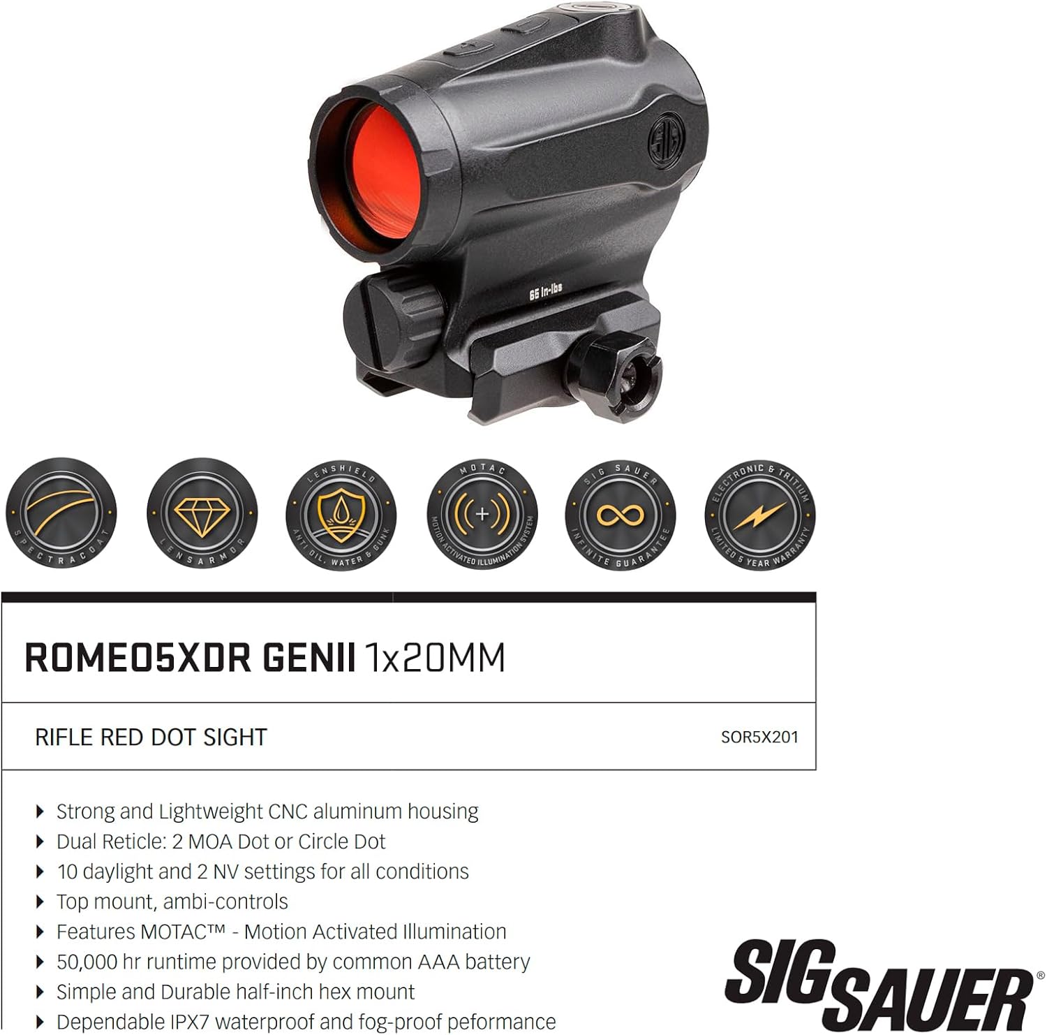 Sig Sauer ROMEO5XDR 1x20mm Red Dot Sight, Compact IPX-7 Waterproof Rifle Shooting Sight, 2 MOA/Circle Dot Dual Reticle