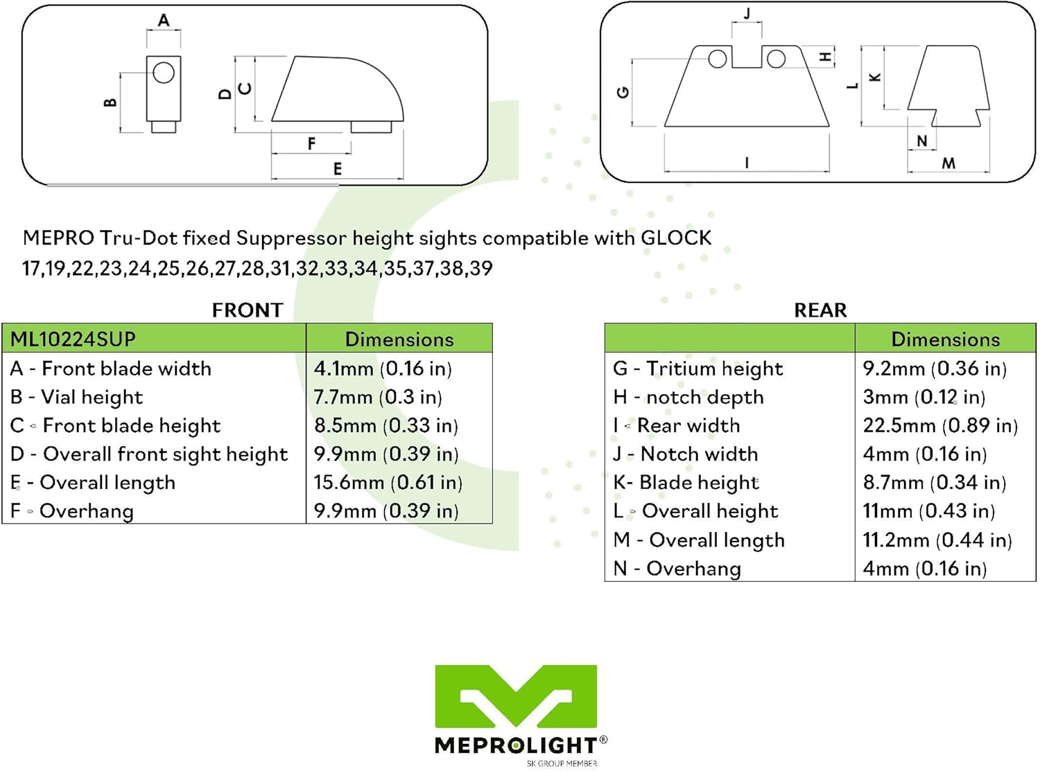 MEPRO Tru-Dot Sup Height tritium Night Sights Compatible with Glock 17 19 22-25 28 31-35 37 38 40 Orange tritium Glow on