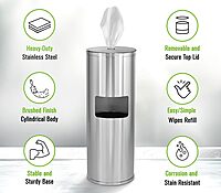 Alpine Stainless Steel Disinfecting Wipes Dispenser Floor Stand - Large Capacity Gym Wipes Dispenser with Trash Can, Smudge Resistant Coating Sanitizing Stand - Disinfectant Wipes Container Included