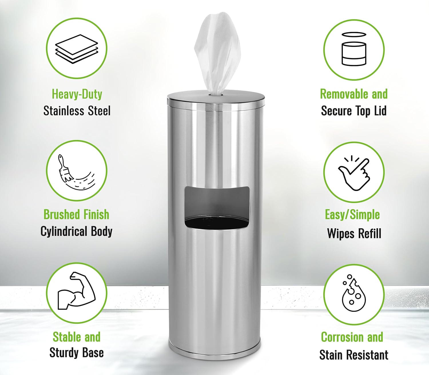 Alpine Stainless Steel Disinfecting Wipes Dispenser Floor Stand - Large Capacity Gym Wipes Dispenser with Trash Can