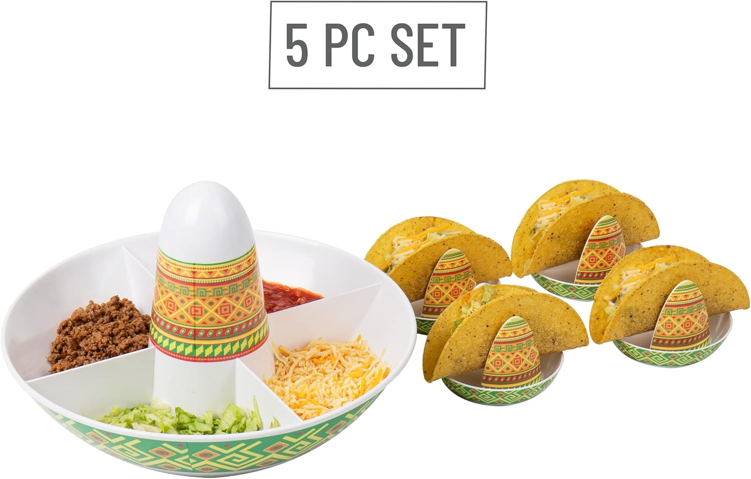 Mind Reader Taco Holders and Divided Serving Carousel Set, Taco Tuesday, Melamine, 12.5"L x 12.5"W x 8.25"H, 5 pcs