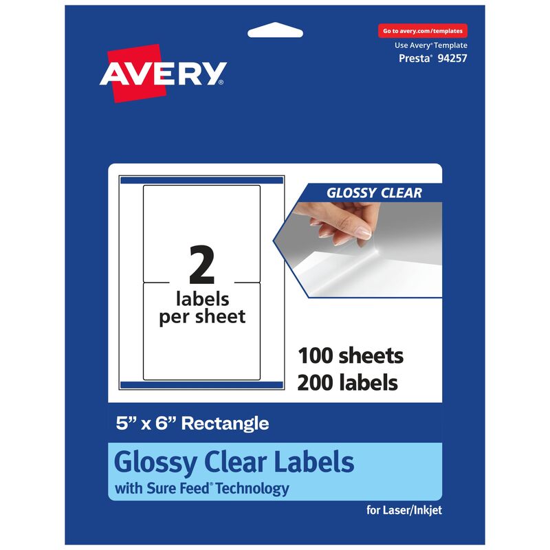 AVERY Glossy Clear Rectangle Labels, Sure Feed Technology, 5" x 6"