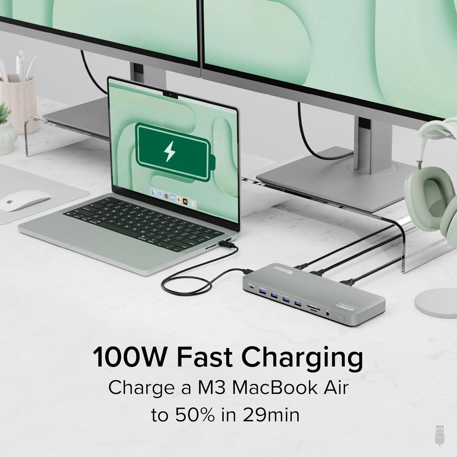 Plugable USB C Laptop Docking Station, Dual Monitor 4K 60Hz for Apple Mac M1/M2/M3/M4, 2X HDMI or 2X DisplayPort