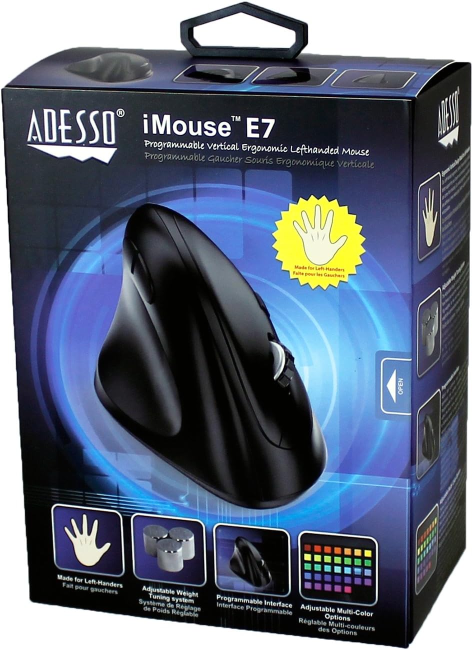 Imouse E7 - Ergonomic Mouse for Left Hand, with Cable, Programmable Functions, and Adjustable Weight, Black