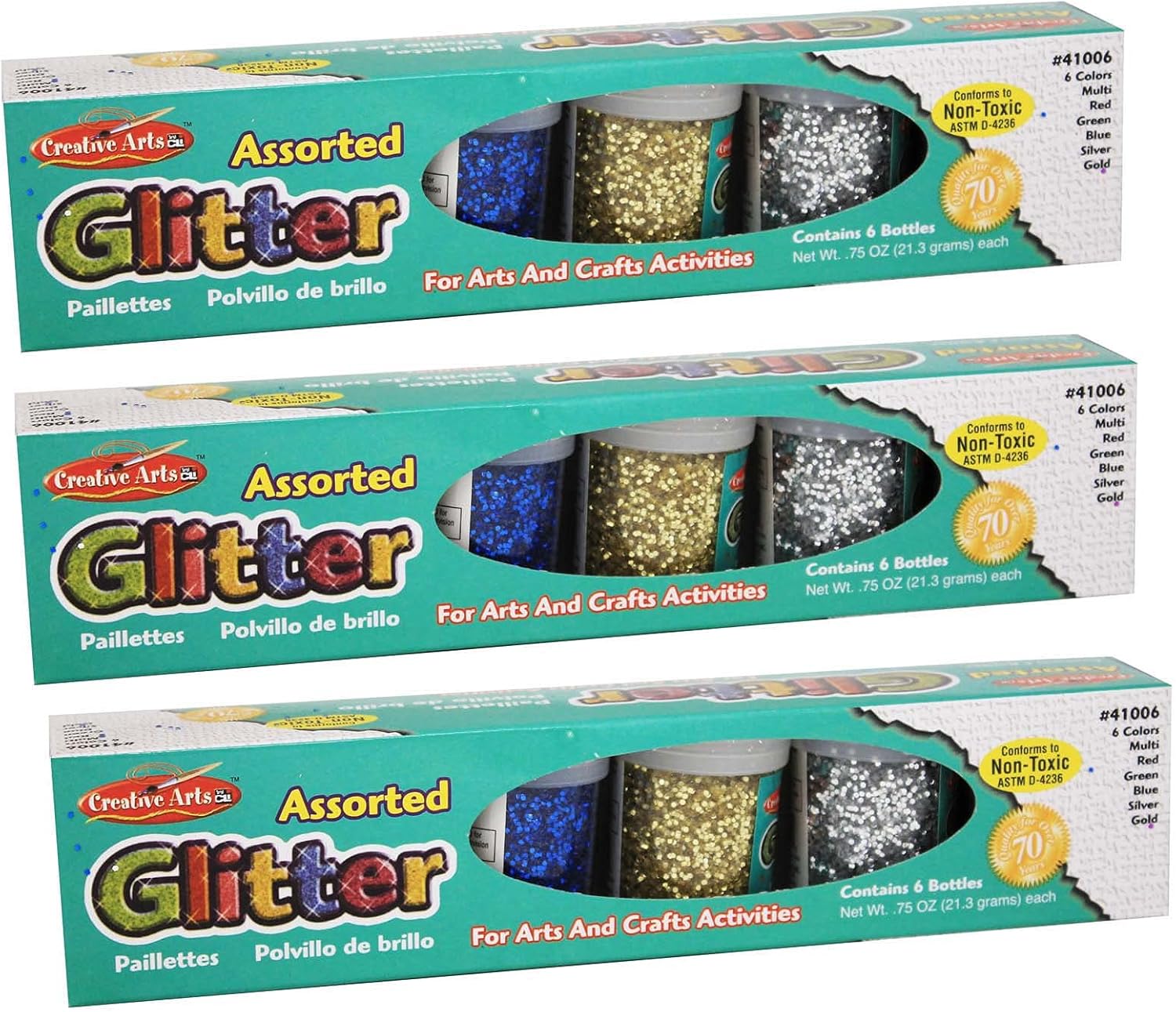 Charles Leonard Creative Arts Glitter Sets, Assorted Colors, 0.75 Oz, 6 Containers Per Pack, Set Of 3 Packs