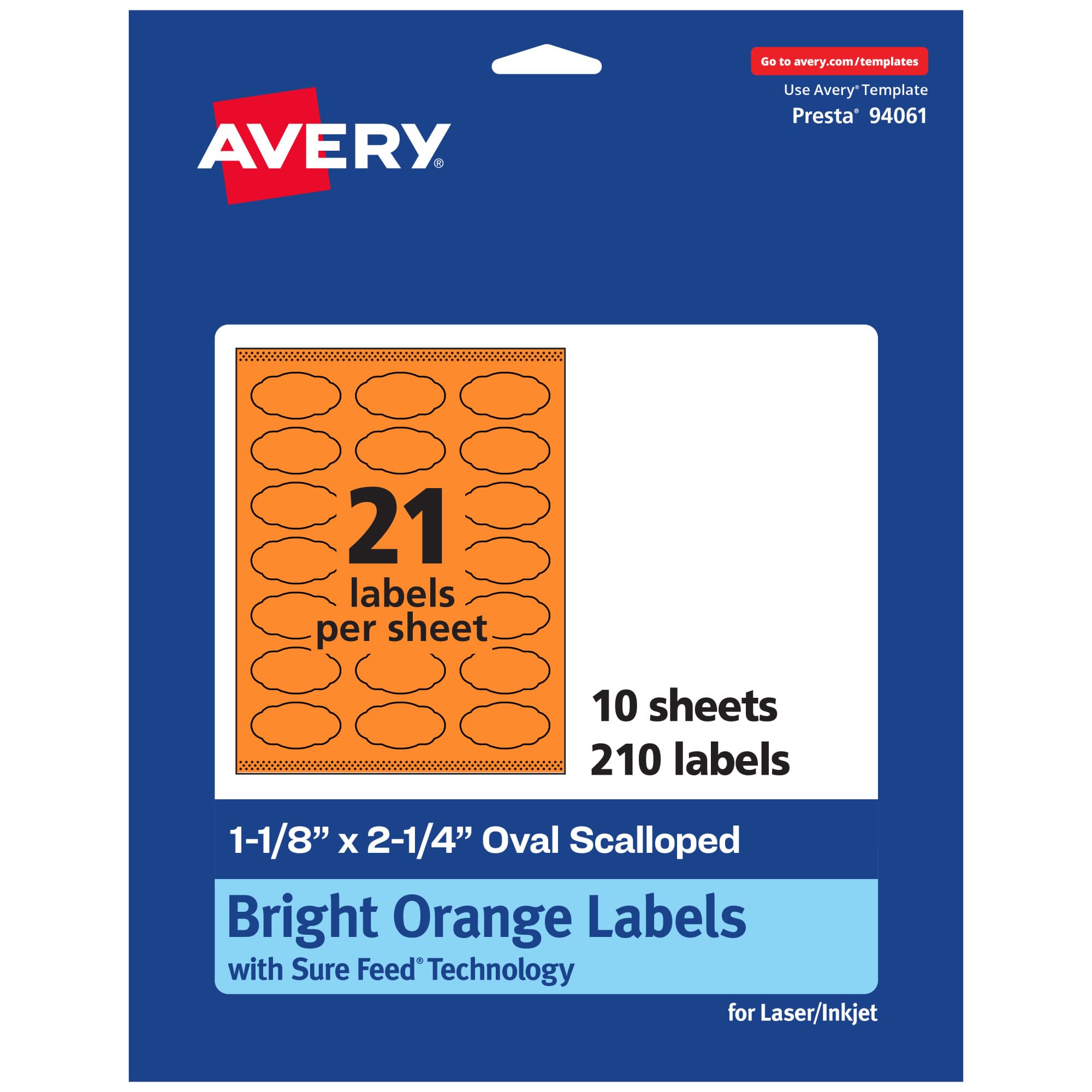 Avery Printable Oval Scalloped Labels, Sure Feed Technology, 1-1/8" x 2-1/4", Bright Orange, Print-to-The-Edge