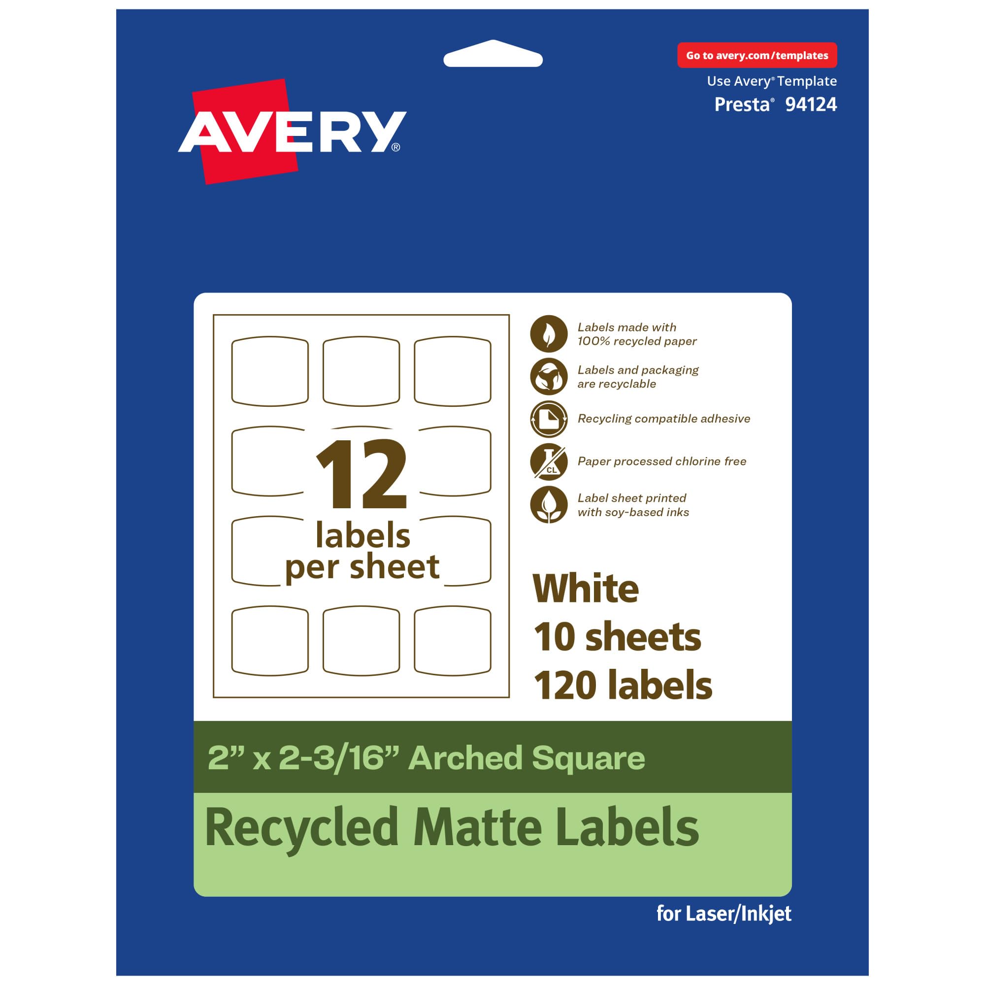 Avery EcoFriendly Matte White Recycled Arched Square Labels, 2" x 2-3/16", Print-to-The-Edge, Permanent Adhesive