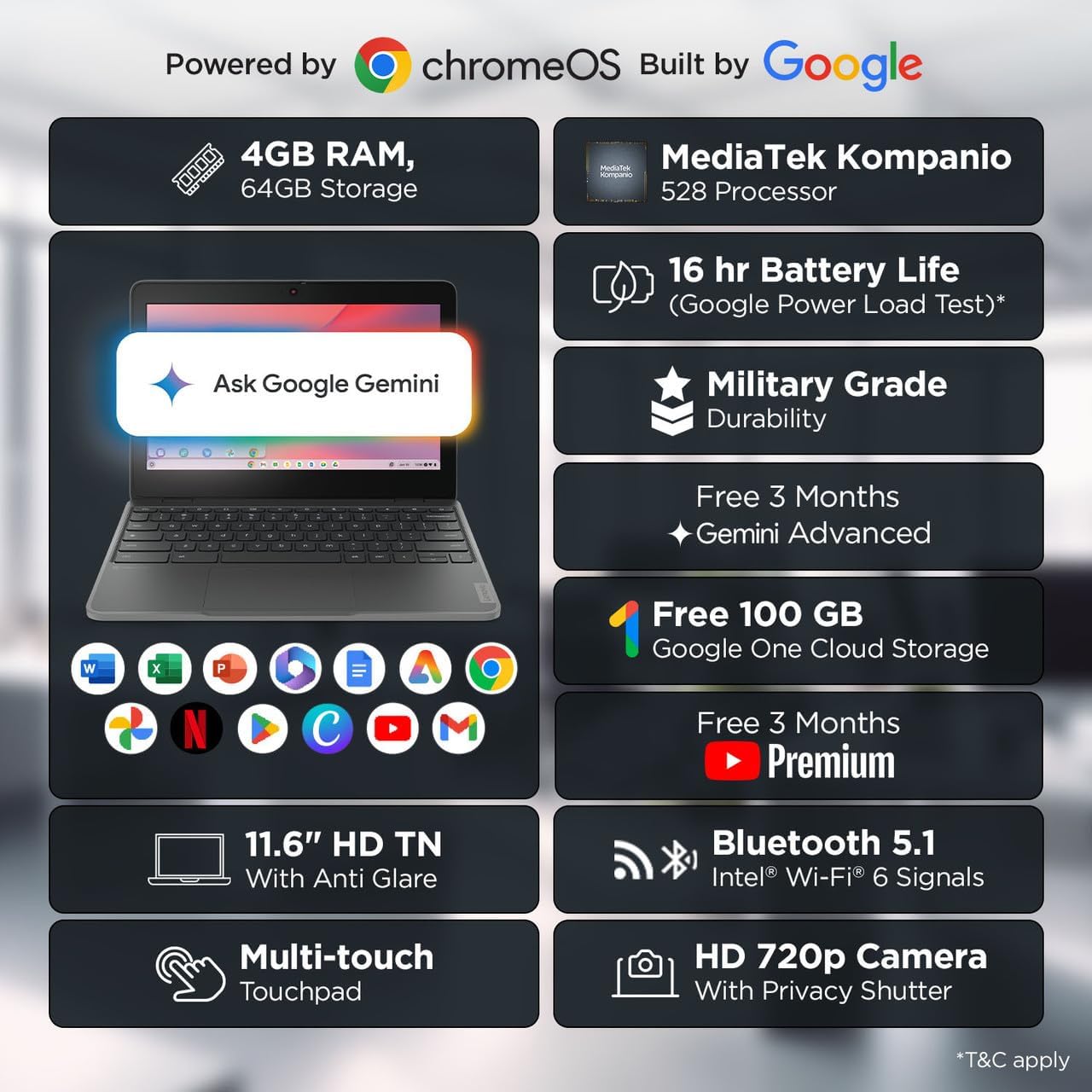 Lenovo 100e Chromebook Gen 4 82W0001FUS 11.6" Chromebook - HD - Octa-core (ARM Cortex A76 + Cortex A55) - 8 GB