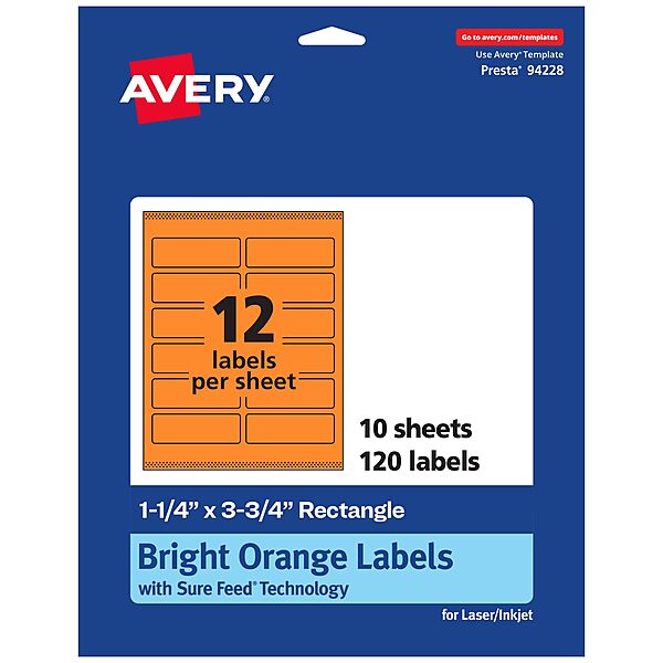 Avery Printable Rectangle Labels, Sure Feed Technology, 1-1/4" x 3-3/4", Bright Orange, Print-to-The-Edge, Laser/Inkjet Printable