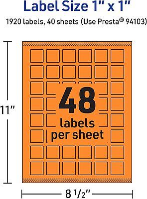 Avery Printable Square Labels, Sure Feed Technology, 1 in. x 1 in., Bright Orange, Print-to-The-Edge, Laser/Inkjet Printable