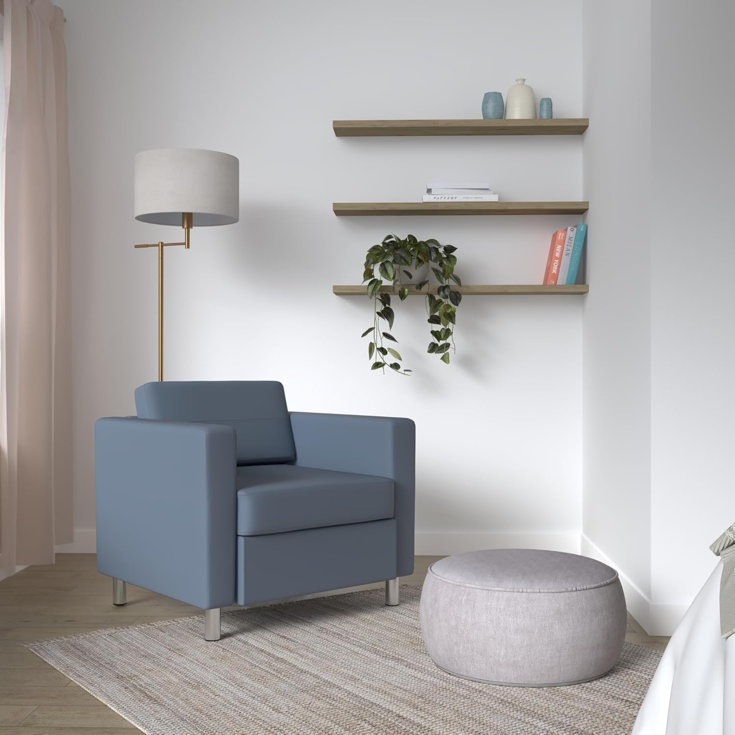 Office Star Pacific Armchair with Padded Box Spring Seats and Silver Finish Legs, Dillon Blue Faux Leather