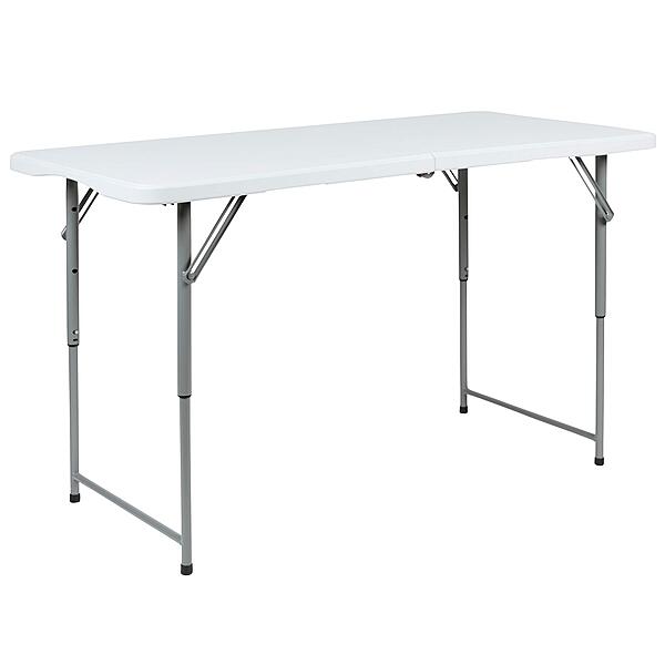 Flash Furniture Height-Adjustable Bi-Fold Plastic Folding Table With Carrying Handle, 29inH x 23-3/4inW x 47-1/2inD, Granite White