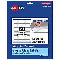 AVERY Glossy Clear Rectangle Labels, Sure Feed Technology, 0.5" x 1.75", Print-to-The-Edge, Laser/Inkjet Printable
