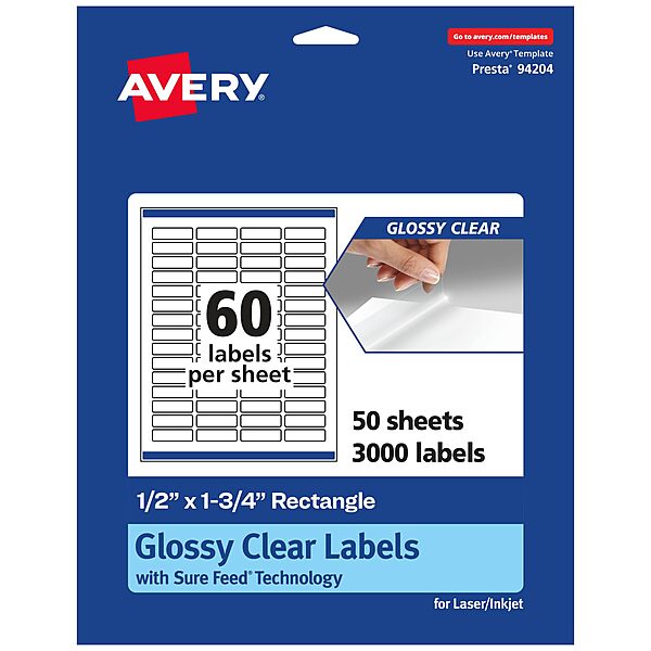 AVERY Glossy Clear Rectangle Labels, Sure Feed Technology, 0.5" x 1.75", Print-to-The-Edge, Laser/Inkjet Printable