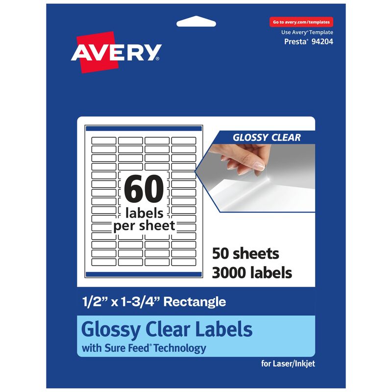 AVERY Glossy Clear Rectangle Labels, Sure Feed Technology, 0.5" x 1.75", Print-to-The-Edge, Laser/Inkjet Printable