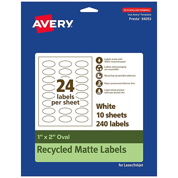 AVERY EcoFriendly Matte White Recycled Oval Labels, 1" x 2", Print-to-The-Edge, Permanent Adhesive, Laser/Inkjet Printable