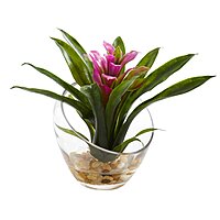 Nearly Natural Tropical Bromeliad 8inH Artificial Floral Arrangement With Angled Vase, 8inH x 6inW x 6inD, Purple
