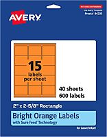 AVERY Bright Orange Rectangle Labels with Sure Feed Technology, 2" x 2-5/8", Matte, Printable