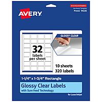 Avery Glossy Clear Rectangle Labels, Sure Feed Technology, 1.25" x 1.75", 320 Glossy Clear Labels, Laser/Inkjet Printable 320 labels