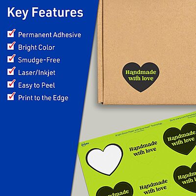 Avery Printable Bright Green Heart Labels, Sure Feed Technology, 2-9/32" x 1-27/32", Print-to-the-Edge, Laser/Inkjet
