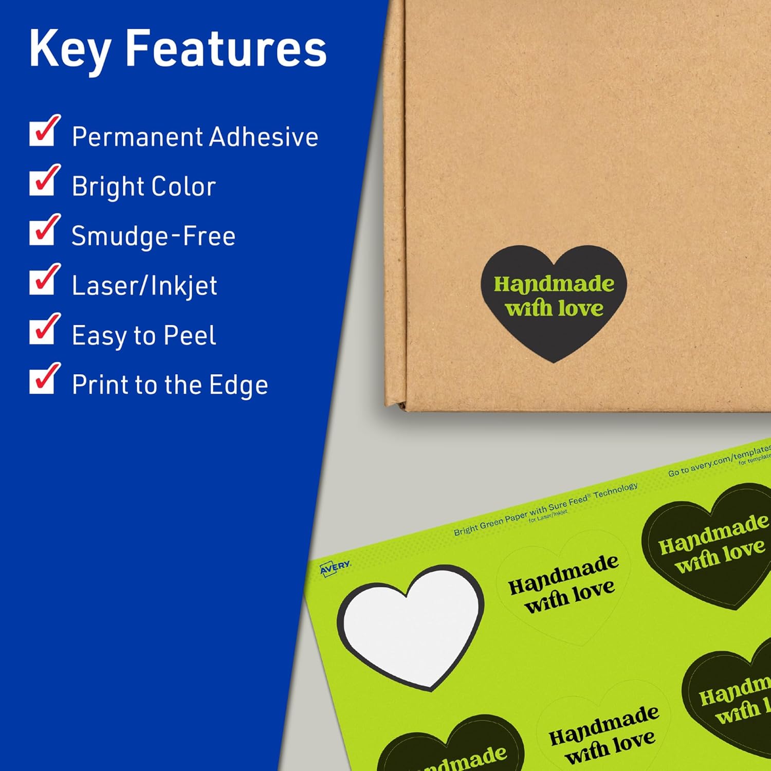 Avery Printable Bright Green Heart Labels, Sure Feed Technology, 2-9/32" x 1-27/32", Print-to-the-Edge, Laser/Inkjet