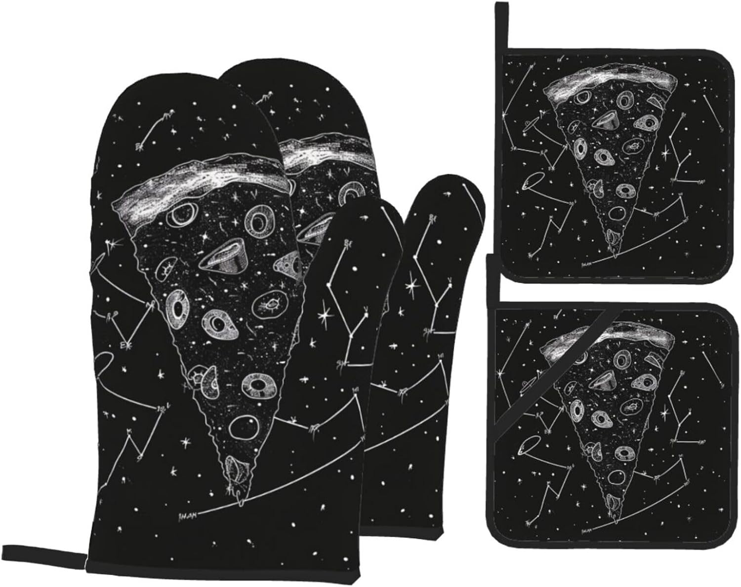 Pizza Constellation Oven Mitts and Pot Holders Set of 4 - Heat Resistant, Waterproof Fabric - Ideal for Kitchen, Baking