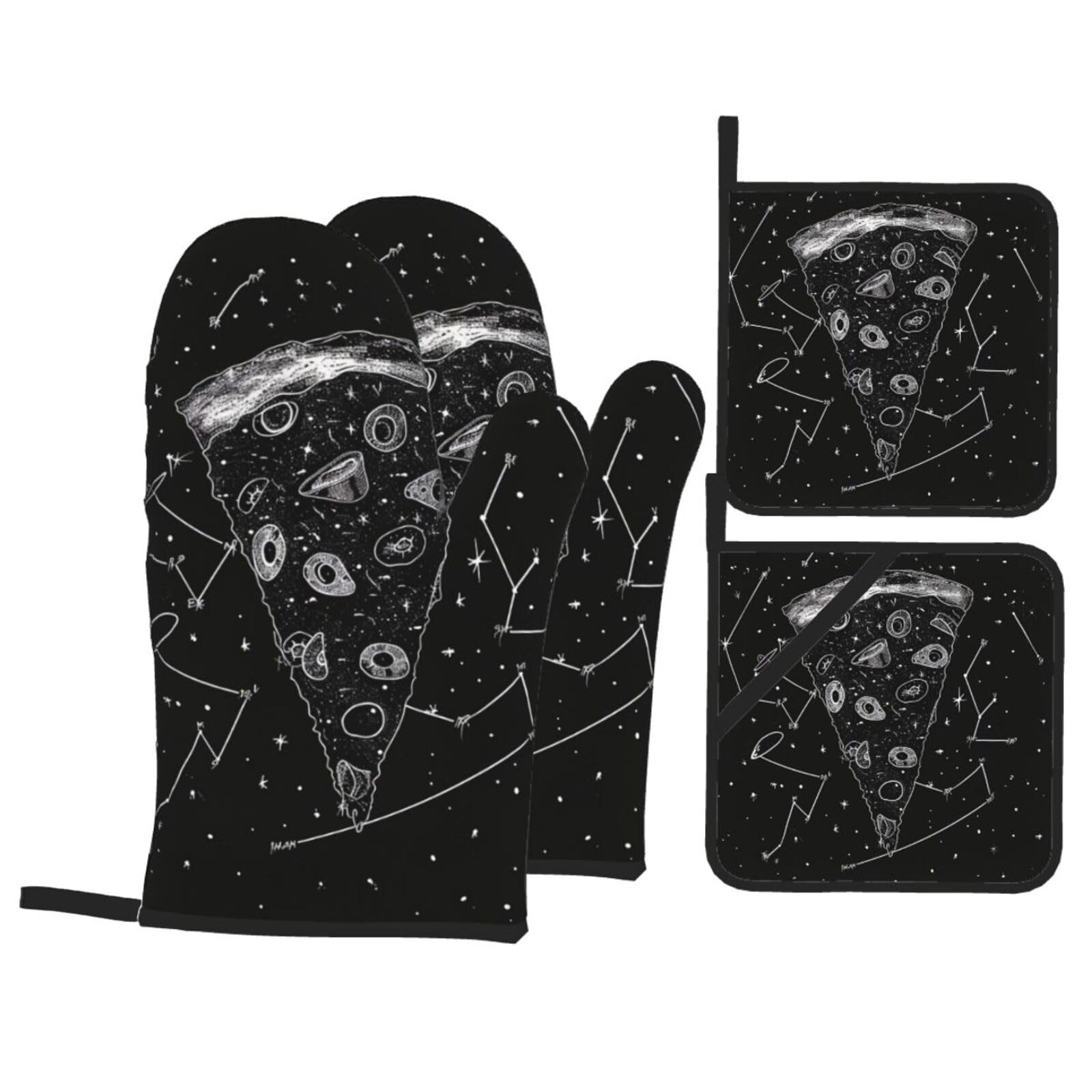 Pizza Constellation Oven Mitts and Pot Holders Set of 4 - Heat Resistant, Waterproof Fabric - Ideal for Kitchen, Baking