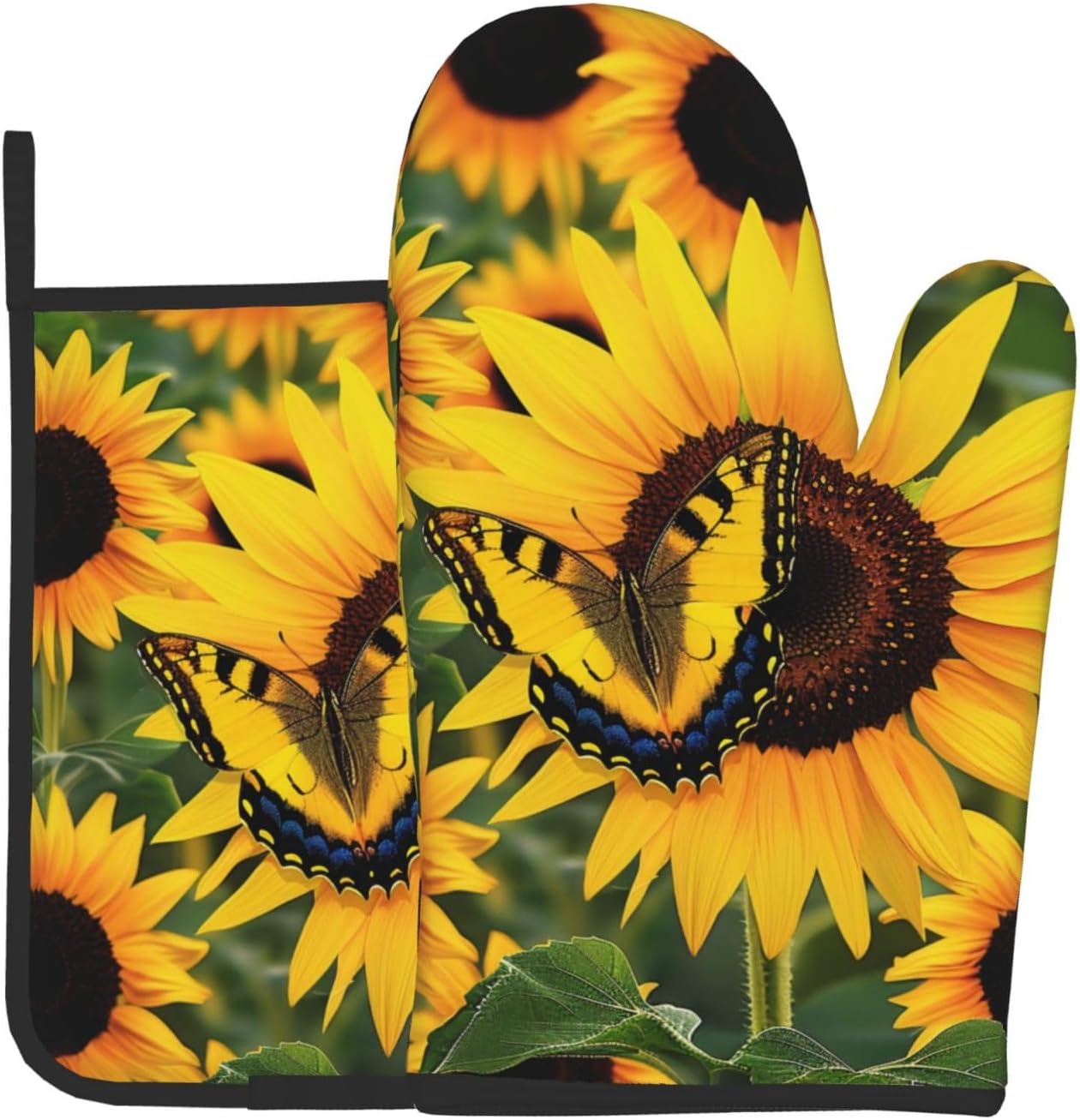 Butterfly Blooming Sunflower Plants Flowers Printed Oven Mitts and Pot Holders Set of 2 - Heat Resistant