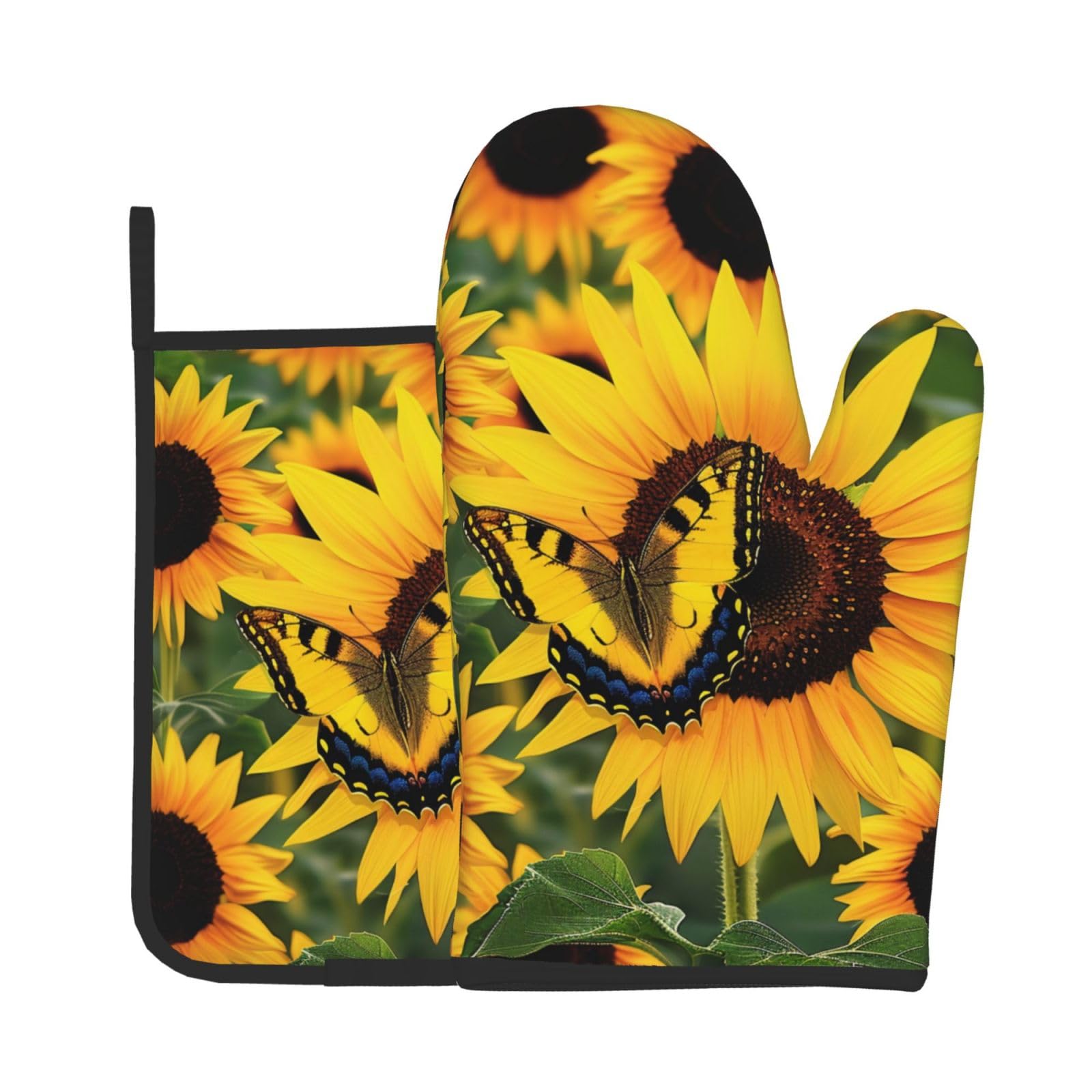 Butterfly Blooming Sunflower Plants Flowers Printed Oven Mitts and Pot Holders Set of 2 - Heat Resistant