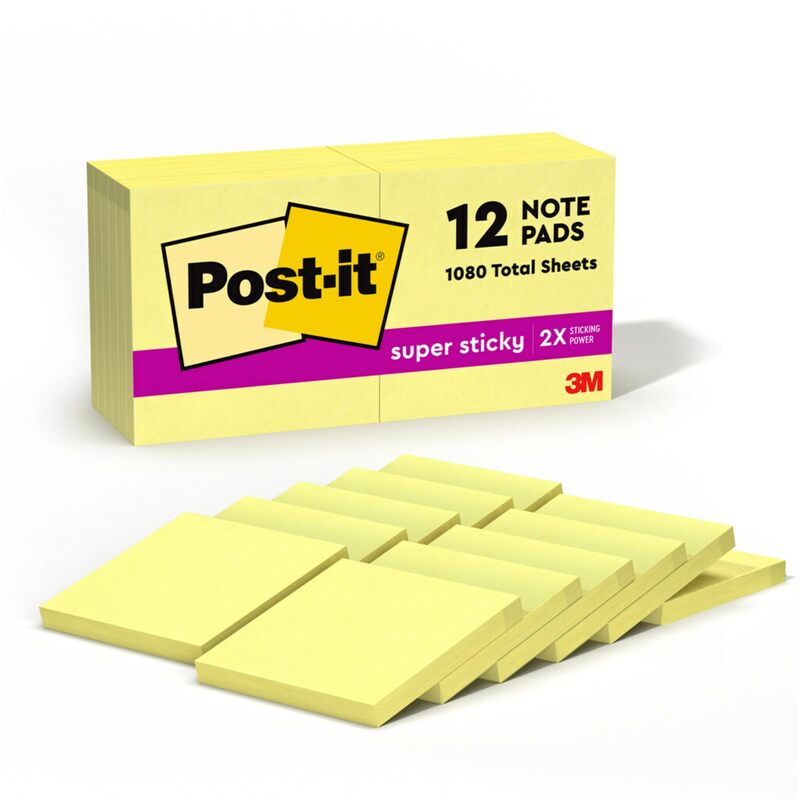 Post-it Super Sticky Notes, 12 Sticky Note Pads, 3 x 3 in., School Supplies, Office Products