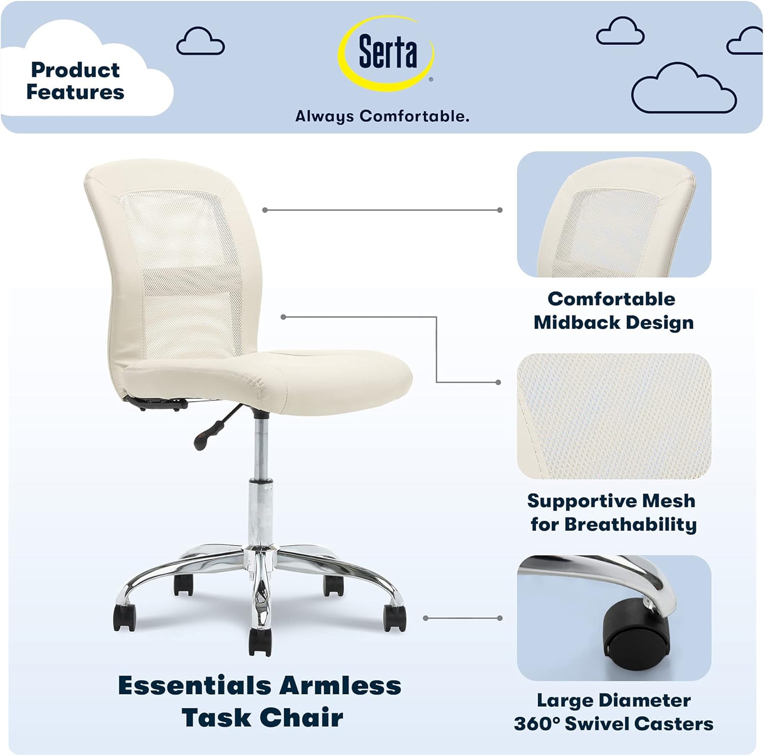 Serta Essentials Mid-Back Computer Chair, Faux Leather and Mesh