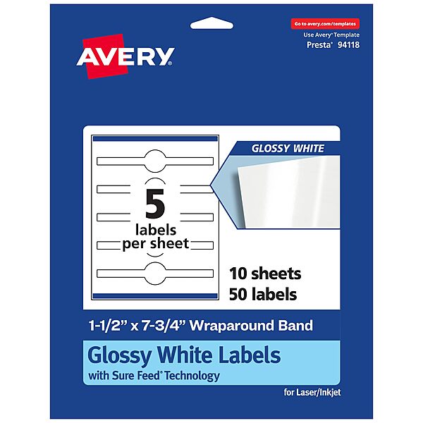 Avery Glossy White Wraparound Band Labels, Sure Feed Technology, 1.5" x 7.75", Cigar Band Labels, Print-to-The-Edge, Permanent Adhesive, Laser/Inkjet Printable, 50 Total 50 labels