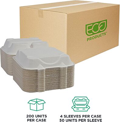 ECO PRODUCTS Compostable 8" Clamshell To Go Containers, Case of 200, 3 Compartment, Square Take Out Food Box, White Renewable Molded Fiber, Microwaveable & Freezable, Grease & Cut Resistant, ASTM