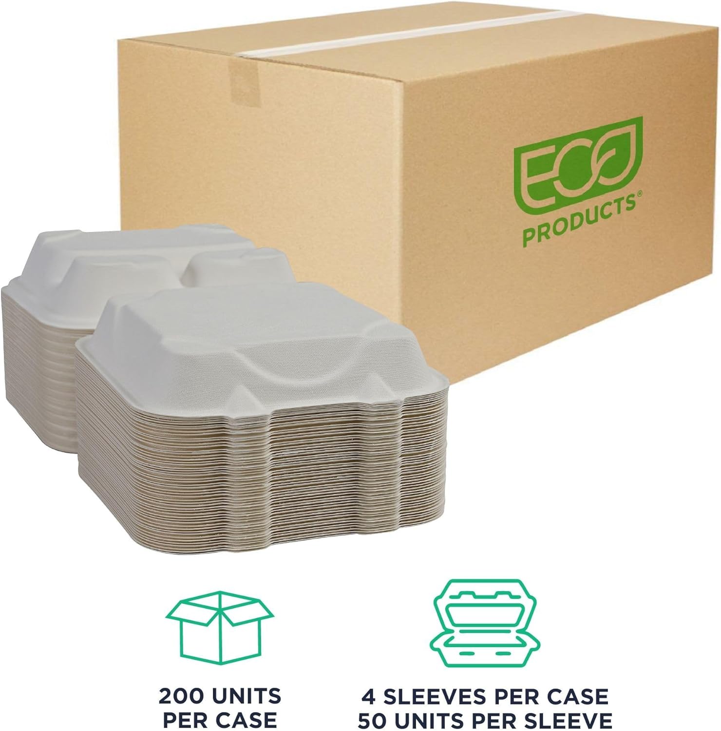ECO PRODUCTS Compostable 8" Clamshell To Go Containers, Case of 200, 3 Compartment, Square Take Out Food Box