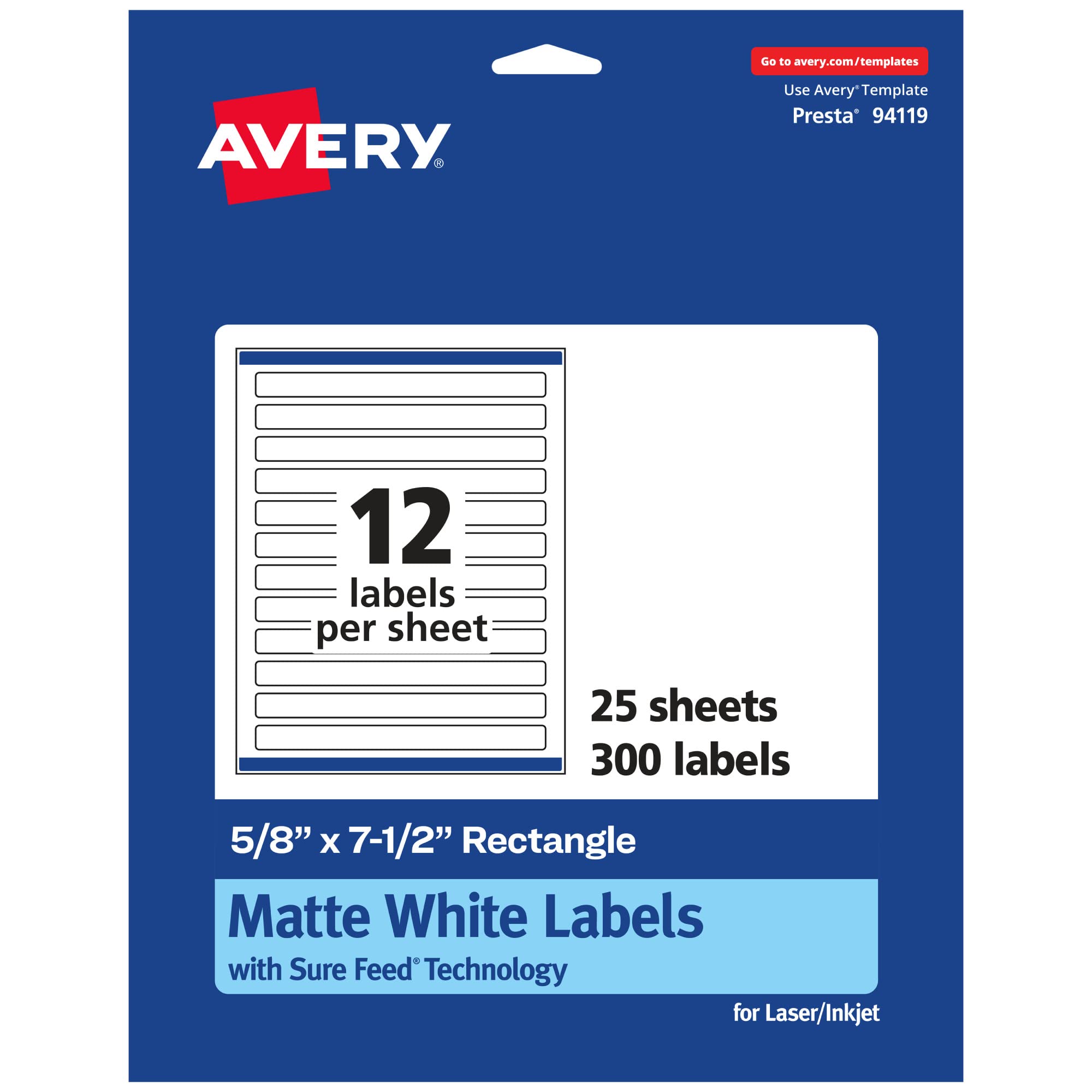 Avery Matte White Rectangle Labels, Sure Feed Technology, 5/8" x 7-1/2"