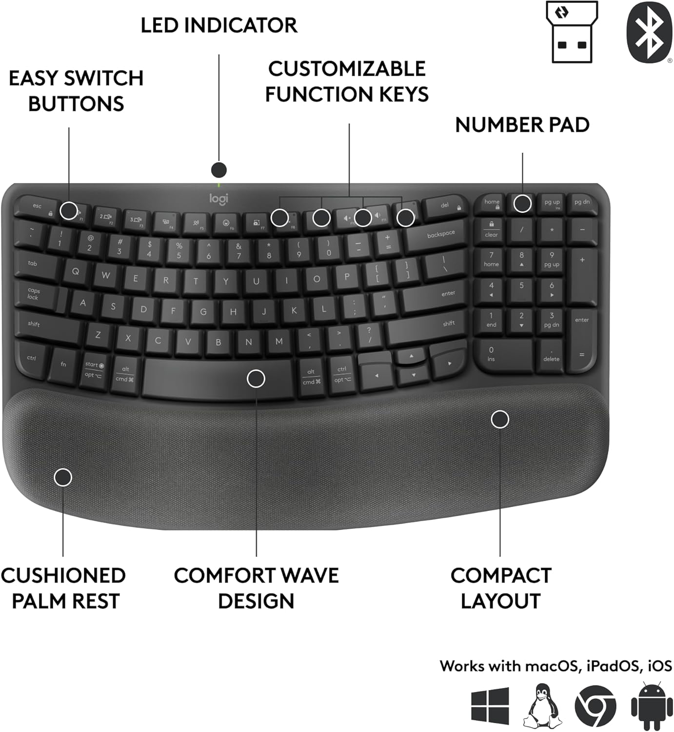 Logitech Wave Keys for Business, Wireless Ergonomic Keyboard with Cushioned Palm Rest, Secure Logi Bolt Technology