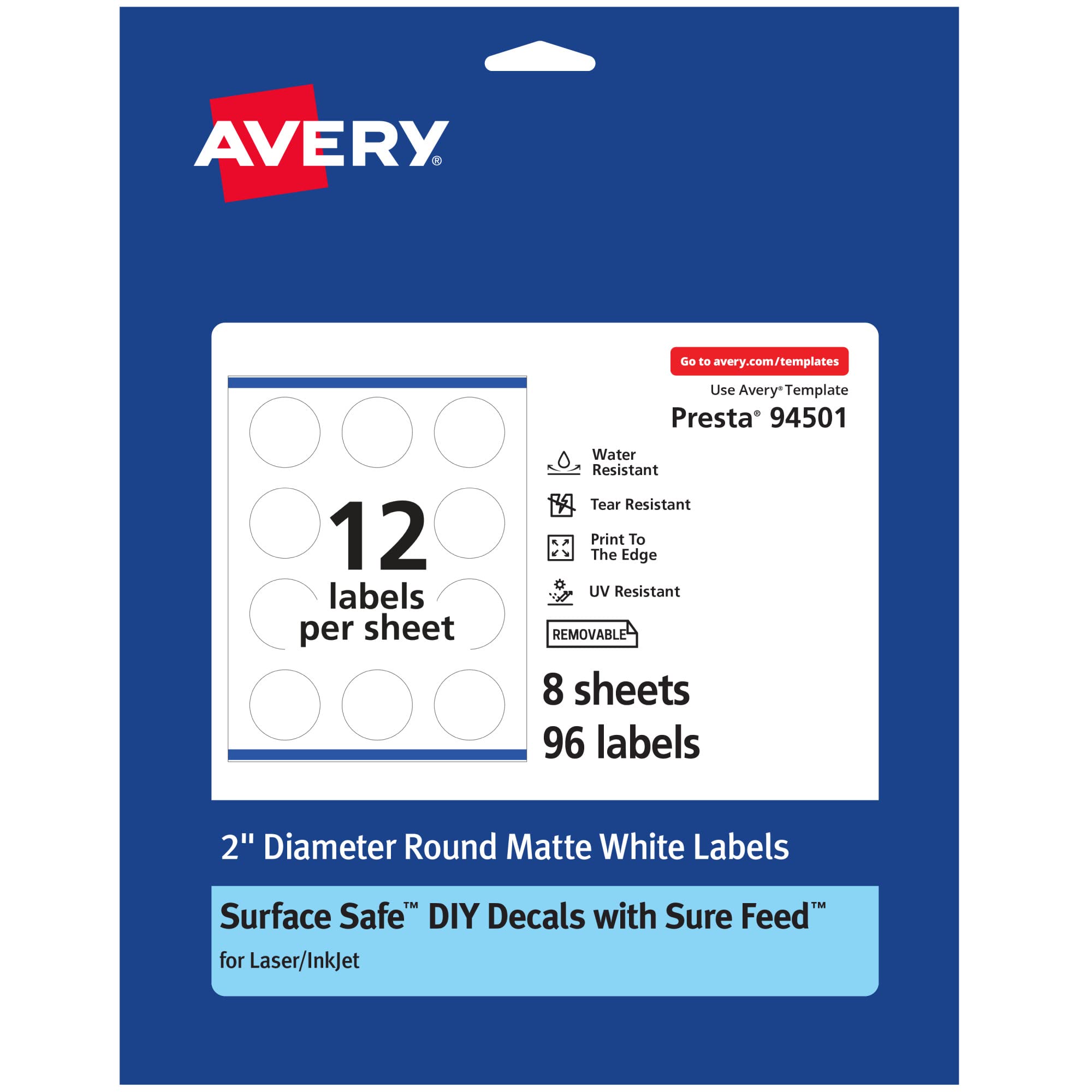 Avery Durable Removable Round Labels, Sure Feed Technology, 2" Diameter, Matte White Film, Water-Resistant - F0F083
