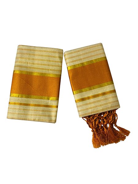 Women's Kuthampully Kerala Kasavu Set mundu Tissue with Kunjam | Kerala Tissue set mundu latest collections | Kuthampully Stripe Kasavu set mundu - Multi color KTM-901 (Orange)