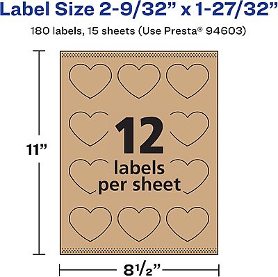Avery Kraft Brown Heart Labels, Sure Feed Technology, 2-9/32" x 1-27/32", 180 Kraft Brown Labels, Print-to-The-Edge, Laser/Inkjet Printable 180 labels
