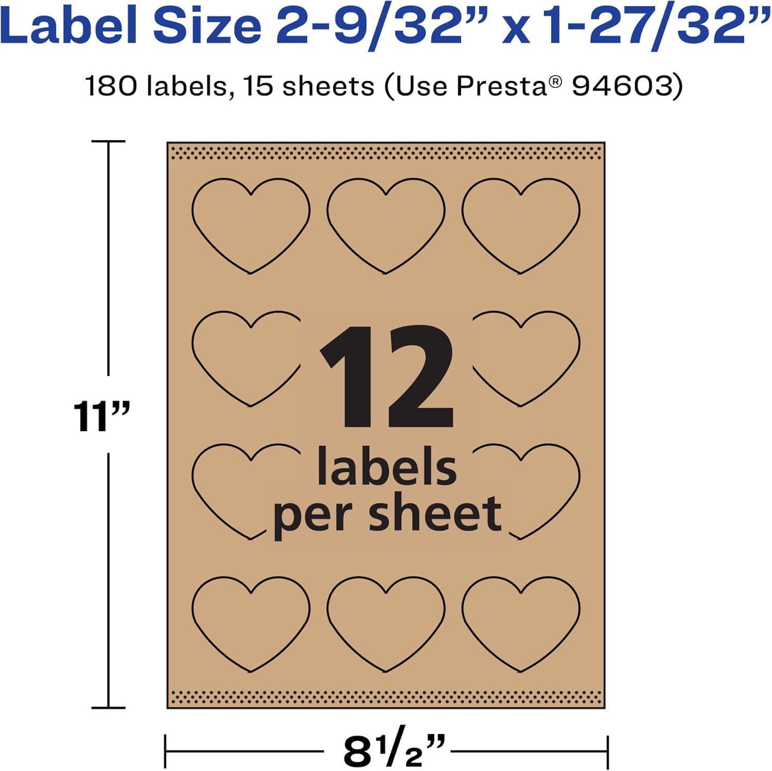 Avery Kraft Brown Heart Labels, Sure Feed Technology, 2-9/32" x 1-27/32", 180 Kraft Brown Labels, Print-to-The-Edge