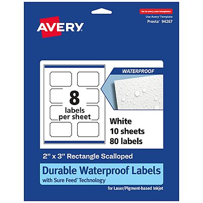 Avery Durable Waterproof Rectangle Scalloped Labels, Sure Feed Technology, 2 x 3