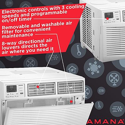 Amana AMAP101BW 10,000 BTU 115V Digital Mounted Air Conditioner and Dehumidifier with Remote Control for Small-Medium 450