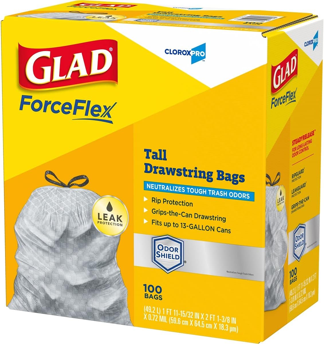 Glad Trash Bags, ForceFlex Tall Kitchen Drawstring Garbage Bags, Clorox 13 Gallon Trash Bags for Tall Trash Can