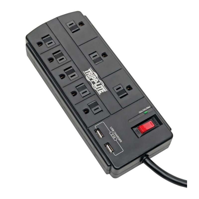 Tripp Lite Surge Protector with USB Charging, 8 Outlet Surge Protector Power Strip, 2 USB Charge Ports, 8ft Cord, 1200 Joules, Black (TLP88USBB)
