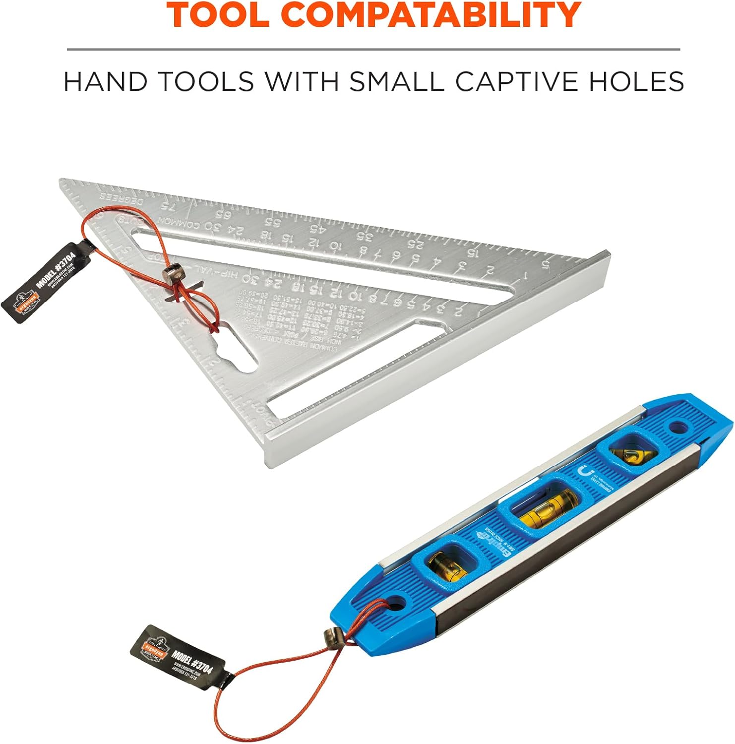 Wire Tool Attachment Tail with Loop End, Tool Weight Capacity 2lbs, 6-Pack, Ergodyne Squids 3704 , Orange