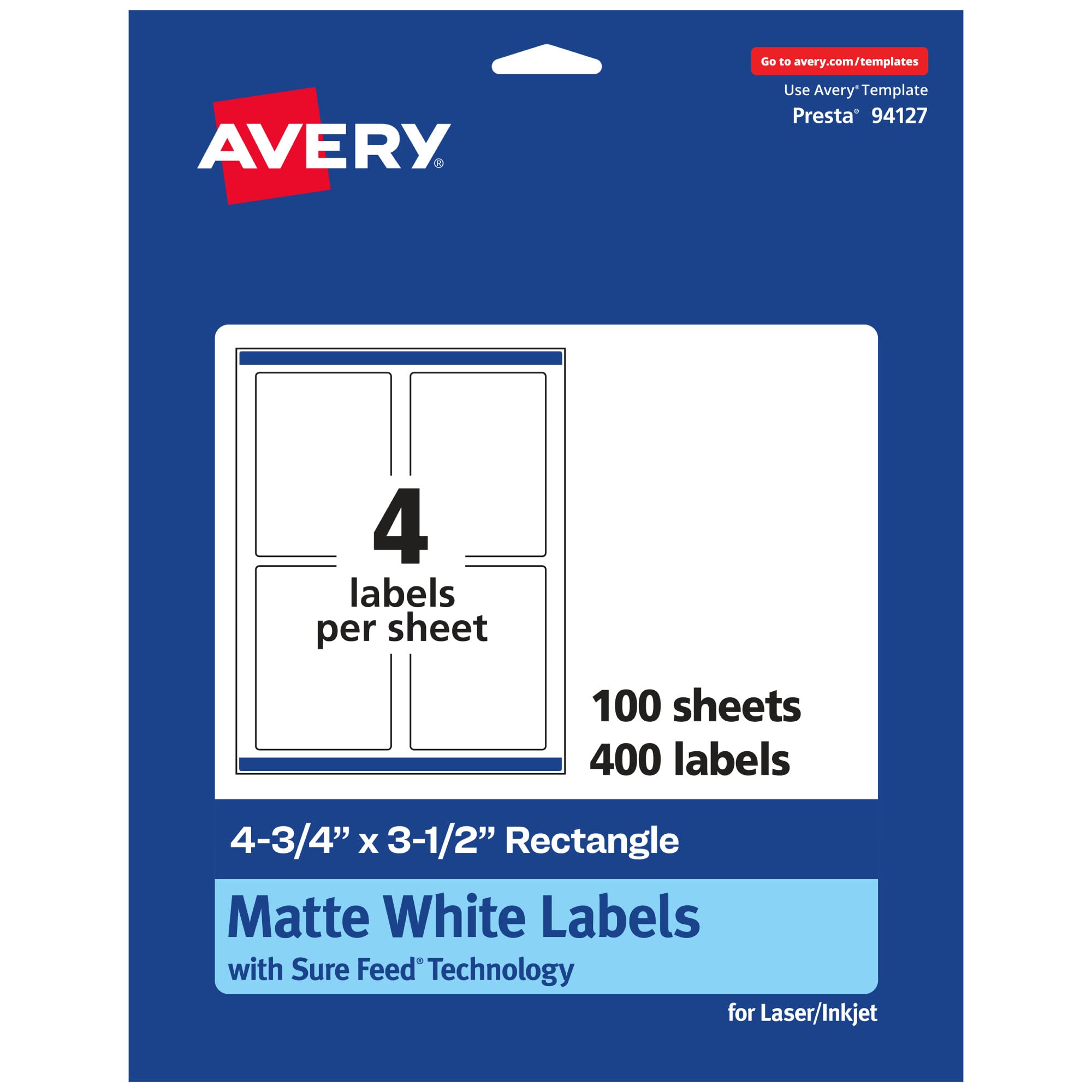 AVERY Matte White Rectangle Labels, Sure Feed Technology, 4.75" x 3.5", Print-to-The-Edge, Laser/Inkjet Printable